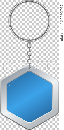 A metallic keychain with a blue, hexagonal emblem hangs from a ring and chain against black. 129993767