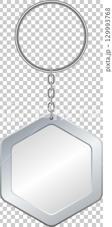 A silver keychain with a hexagon-shaped pendant dangles in front of a stark black background. 129993768