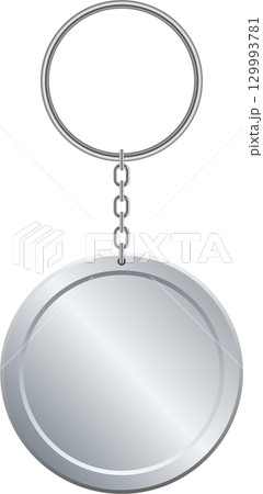 Metallic keychain with ring and round pendant, silver finish. Simple, sleek design object. Metallic keychain with ring and round pendant, silver finish. Simple, sleek design object. 129993781