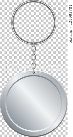 Metallic keychain with ring and round pendant, silver finish. Simple, sleek design object. Metallic keychain with ring and round pendant, silver finish. Simple, sleek design object. 129993781