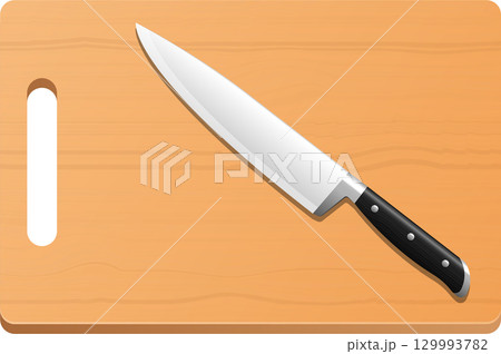 A cooking knife is resting on a wooden cutting board, ready to be used for food preparation. 129993782