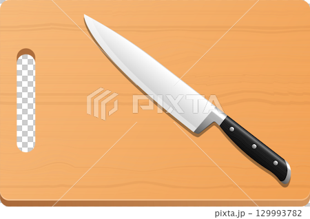 A cooking knife is resting on a wooden cutting board, ready to be used for food preparation. 129993782