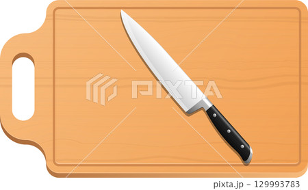 Illustration of a knife laying diagonally across a wooden cutting board with handle cutout. Illustration of a knife laying diagonally across a wooden cutting board with handle cutout. 129993783