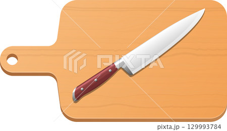 Chef's knife resting diagonally on a rectangular wooden chopping board with handle cutout. Chef's knife resting diagonally on a rectangular wooden chopping board with handle cutout. 129993784