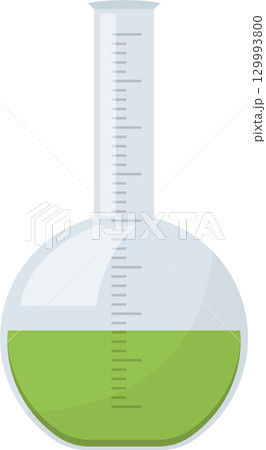 Erlenmeyer flask filled with green liquid with graduated markings on the neck of the flask. 129993800