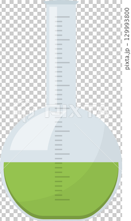 Erlenmeyer flask filled with green liquid with graduated markings on the neck of the flask. 129993800