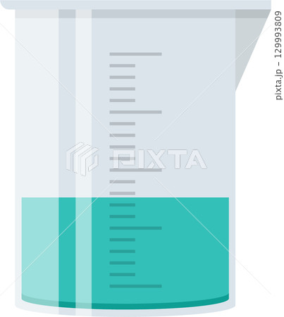 Beaker holding cyan liquid with graduation marks indicates measurements for science experiments. Beaker holding cyan liquid with graduation marks indicates measurements for science experiments. 129993809