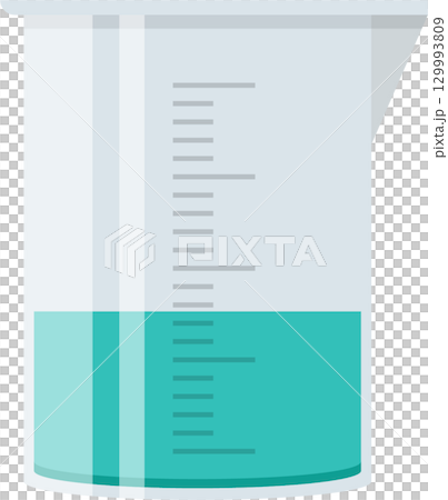 Beaker holding cyan liquid with graduation marks indicates measurements for science experiments. Beaker holding cyan liquid with graduation marks indicates measurements for science experiments. 129993809