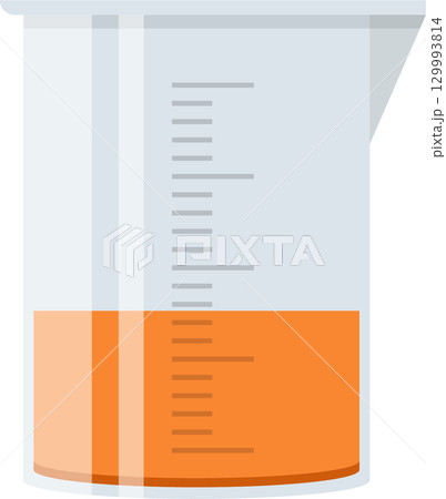 Glass beaker filled with orange liquid shows a lab experiment, chemical process, or science test. Glass beaker filled with orange liquid shows a lab experiment, chemical process, or science test. 129993814