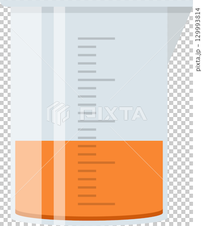 Glass beaker filled with orange liquid shows a lab experiment, chemical process, or science test. Glass beaker filled with orange liquid shows a lab experiment, chemical process, or science test. 129993814