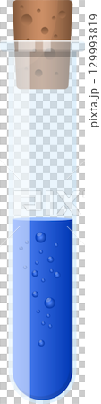 Blue liquid bubbles in a clear glass test tube with a brown stopper for scientific experiment. Blue liquid bubbles in a clear glass test tube with a brown stopper for scientific experiment. 129993819