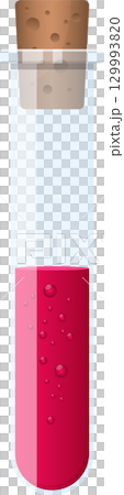 A glass test tube filled with a bright pink liquid and capped with a brown cork stopper. A glass test tube filled with a bright pink liquid and capped with a brown cork stopper. 129993820