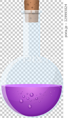 A potion bottle with a cork stopper, filled with bubbling purple liquid, isolated on black A potion bottle with a cork stopper, filled with bubbling purple liquid, isolated on black 129993824