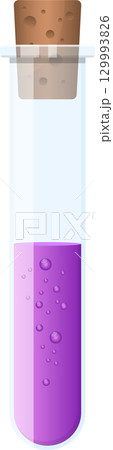 A clear test tube filled with a purple liquid and cork, likely used in a chemistry experiment A clear test tube filled with a purple liquid and cork, likely used in a chemistry experiment 129993826
