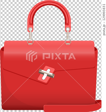 A bright red handbag with a handle and shoulder strap, set against a plain black background. 129993831