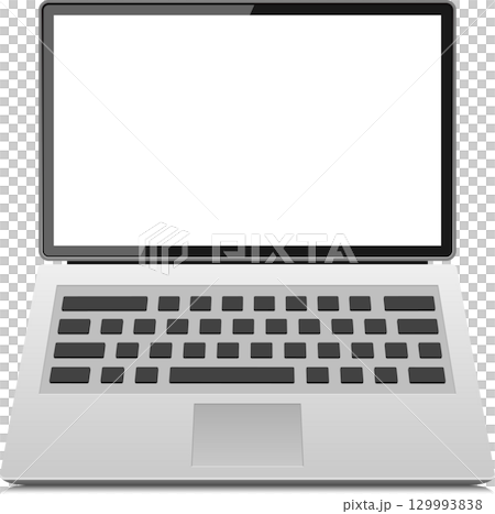 Silver laptop with a white screen and black keyboard is ideal for working and learning. 129993838
