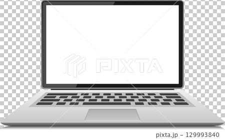 Sleek modern laptop with a clean, minimalist design and a bright white screen ready for use. 129993840