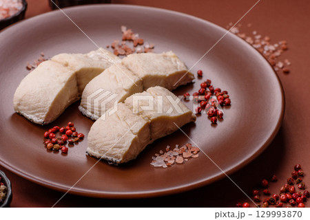 White fish fillets, seafood cooked with salt and spices. Fish fillets 129993870