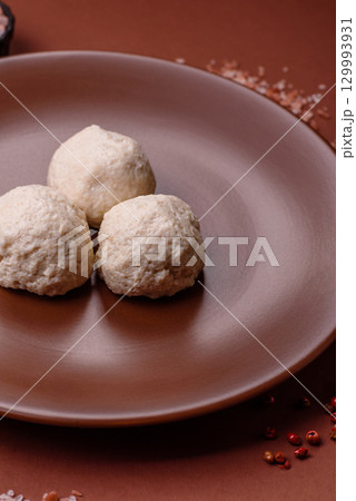 Chicken meatballs, cutlets steamed with salt and spices, a healthy meal Chicken meatballs, cutlets steamed with salt and spices, a healthy meal 129993931