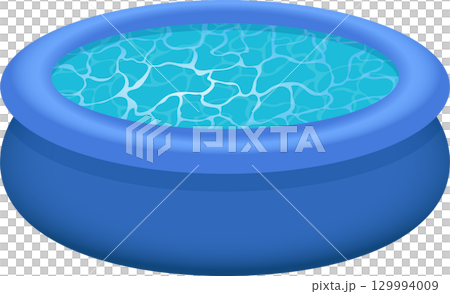 A round, blue, plastic pool filled with clear water showing patterns of light on the surface. A round, blue, plastic pool filled with clear water showing patterns of light on the surface. 129994009