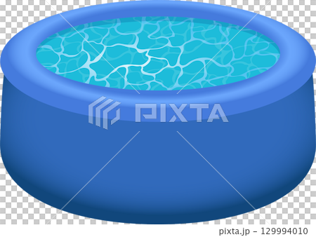 A blue kiddie pool filled with water. Perfect for outdoor summer fun and staying cool. 129994010