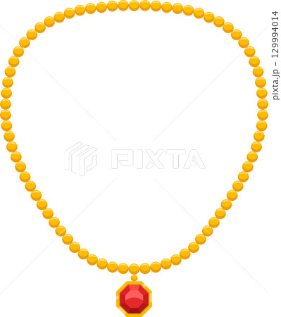 Golden bead necklace featuring a red gemstone pendant, classic and elegant adornment piece. Golden bead necklace featuring a red gemstone pendant, classic and elegant adornment piece. 129994014