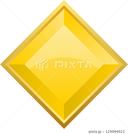 A golden diamond shape with beveled edges and a glossy surface, shining brightly against black. 129994021