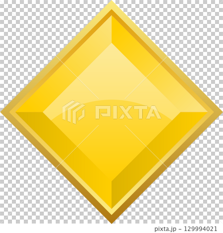 A golden diamond shape with beveled edges and a glossy surface, shining brightly against black. 129994021