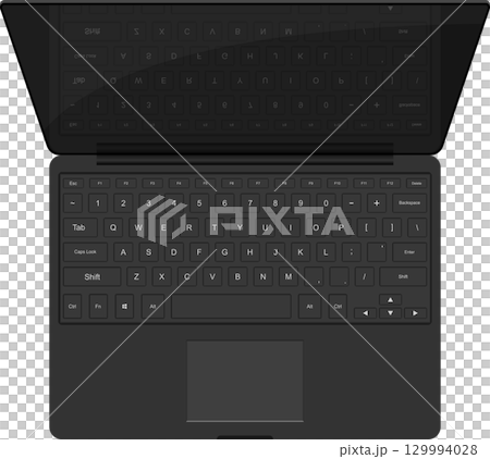 Overhead shot of a dark laptop keyboard with visible keys, touchpad, and function keys. 129994028
