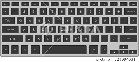 Full view of a gray computer keyboard displaying all letter, number, and function keys. 129994031