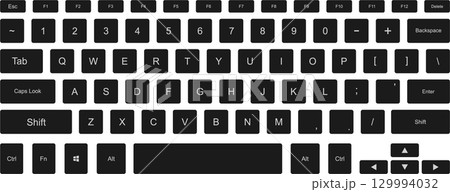 A sleek, dark keyboard with clearly labeled keys for efficient and comfortable typing. 129994032