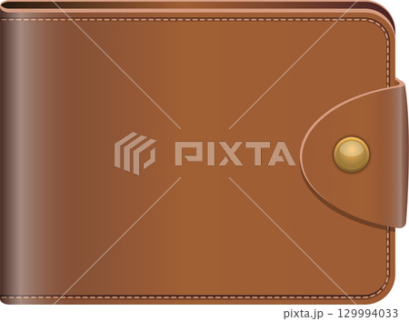 A closed brown leather wallet with a golden button on the right, a classic and functional accessory. 129994033