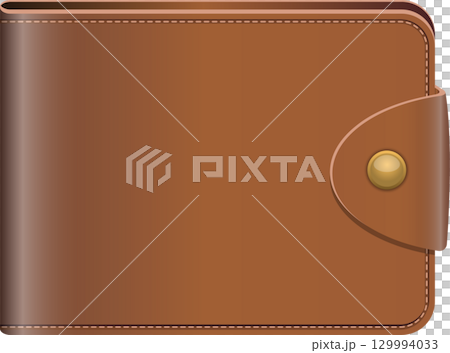 A closed brown leather wallet with a golden button on the right, a classic and functional accessory. 129994033