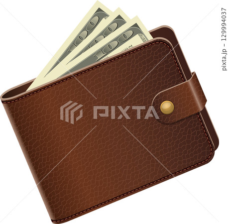 Leather wallet filled with cash, suggesting wealth, prosperity, and financial security symbol. 129994037