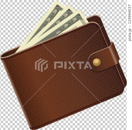 Leather wallet filled with cash, suggesting wealth, prosperity, and financial security symbol. 129994037