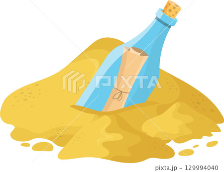 Message in a bottle partially buried in the sand, with a cork in the bottle and a rolled parchment. Message in a bottle partially buried in the sand, with a cork in the bottle and a rolled parchment. 129994040