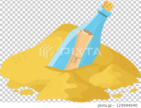 Message in a bottle partially buried in the sand, with a cork in the bottle and a rolled parchment. Message in a bottle partially buried in the sand, with a cork in the bottle and a rolled parchment. 129994040