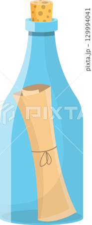 A cartoon message in a bottle sealed with a cork, evoking adventure and distant communication. 129994041