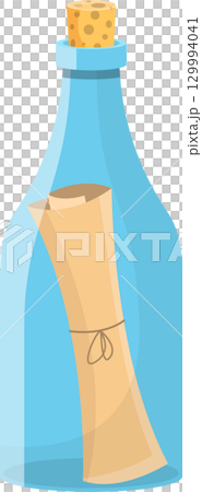 A cartoon message in a bottle sealed with a cork, evoking adventure and distant communication. 129994041