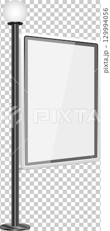 A blank, white, and square advertising sign is displayed on a dark metal pole with a sphere. 129994056