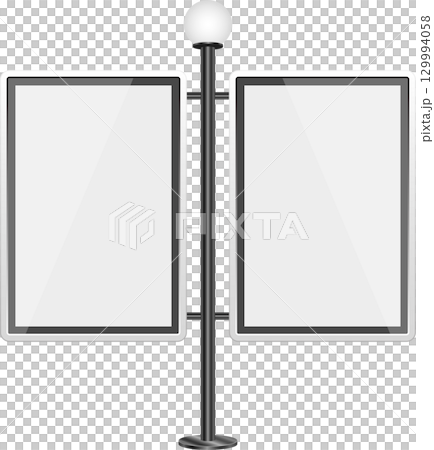 Dual blank light boxes stand tall on a black pole, topped with a glowing sphere, on black. Dual blank light boxes stand tall on a black pole, topped with a glowing sphere, on black. 129994058