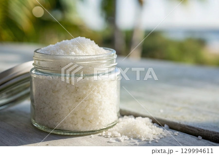 sugar scrub in a glass jar 129994611