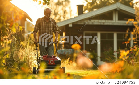 Elderly man tending to lawn in front of house, mowing grass on a sunny day 129994755