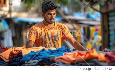 Man at table selling clothes, market leisurely fun 129994758