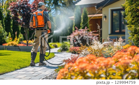 A man is spraying grass in front of a house with a sprayer 129994759