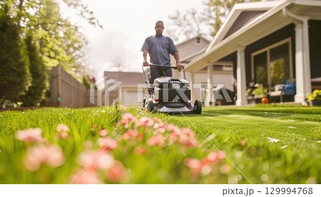 A man is cutting the grass in front of a house with a lawnmower 129994768
