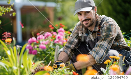 Man kneeling in garden with plants, flowers, and shrubs around him 129994769
