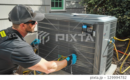 Man fixing air conditioner outside house, wearing hat 129994782