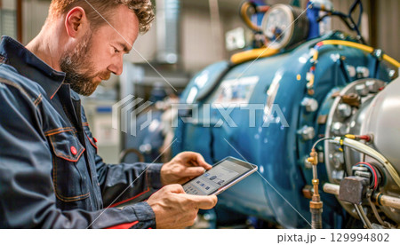 Man using tablet on machine in factory for automotive engineering design 129994802
