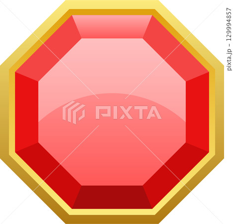 A red, octagon-shaped gem with a shiny surface is set within a gold-colored frame on a black background A red, octagon-shaped gem with a shiny surface is set within a gold-colored frame on a black background 129994857